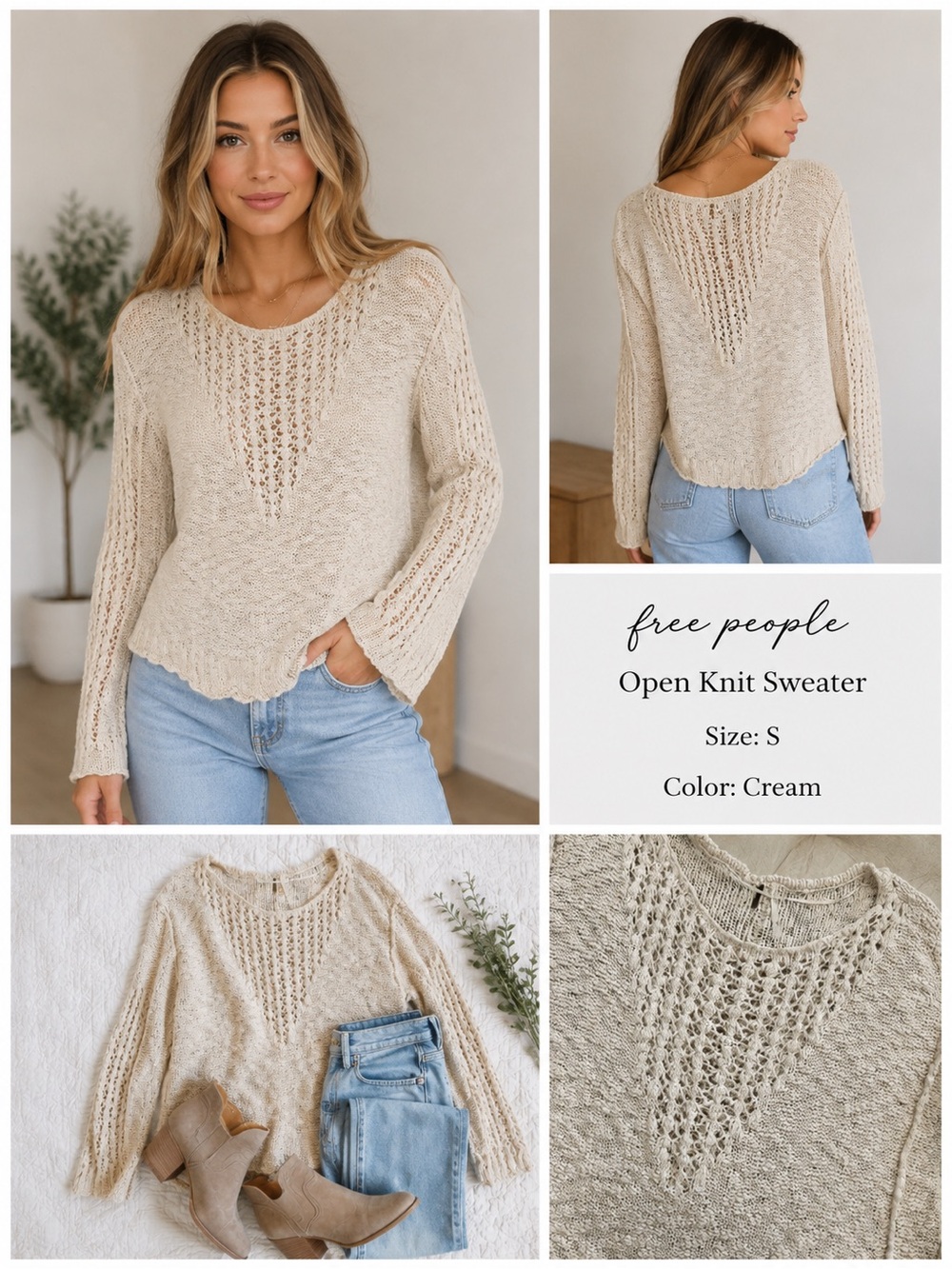 Free People Cream Open Knit Scoop Neck Sweater